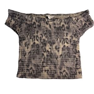 Guess Womens Off The Shoulder Smocked Top Grey Tan Tie Dye Acid Wash Size M